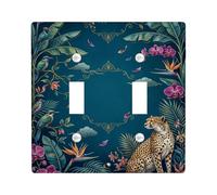 Leopard Double Light Switch Cover Plate, Tropical Botanical Orchid Palm Leaves Summer Teal Plastic Standard Size Decorative Wall Plates for Living Room Bedroom Home Office Decor