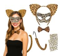 Leopard Ears Headband Set, 6PCS Leopard Print Costume Accessories with Tail, Bow Tie, Mask and 2 Stickers, Animal Ears for Halloween Party, Cosplay, Carnival age 14+