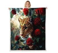 Leopard Flannel Fleece Throw Blanket 40"x50" Red Rose Flowers Fuzzy Blanket for Sofa Couch Wild Animal Jungle All Season Bed Blankets Plush Blankets,Dark Green
