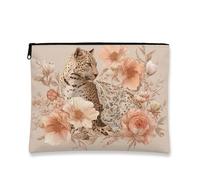 Leopard Floral Makeup Pouch, Elegant Exotic Animal Print Cosmetic Travel Bag for Women, Portable Small Canvas Zipper Organizer, Perfect Choice for Spring and Summer Festivals, peach, 7x9 Inch, Leopard