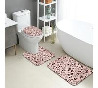 Leopard Floral Quick Dry Bath Mat, Modern Peach Animal Print Absorbent Non Slip Shower Mat, Spring Decorative Flannel Washable Bath Rugs for Bathroom Toilet Restroom 3 Piece Sets