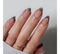 Leopard French Edge Press On Nails - 30PCS Long Coffin Shape with Glossy Nude Base and Leopard Print Tips - Stylish False Nails for Women for Daily Wear Parties or Special Events