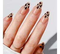 Leopard French Tip Press on Nails - Almond Medium False Nails with Glitter Cheetah Print - Oval Bling Fake Nails with Glue - Shimmer Nude Based Elegant Stick on Nail for Women Long Last Nail Art 24Pcs