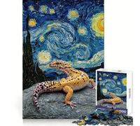 Leopard Gecko on Rock, Starry Night Jigsaw Puzzle for Adults 1000 Pieces Cognitive Train Clear Tone Pattern Assemble Birthday Art Gift (38x26cm)