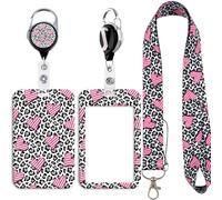 Leopard & Heart Lanyard with Badge Holder Retractable Reel Clip Cute Vertical ID Badge Holder Card Sleeve for Nurse Teacher Office Staff Work Cruising