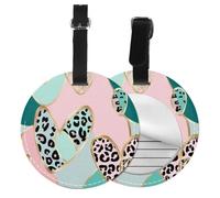 Leopard Heart Round Luggage Tag 4PCS Valentine PU Leather Travel Bag Tag ID Labels Name Card Holder wtih Buckle for Luggage Suitcase Backpacks