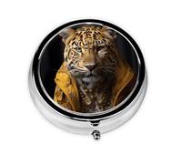 Leopard in a Leather Jacket This Small, Round, Three-Compartment Travel Pill Box is Perfect for Storing Daily medications, Vitamins, and on-The-go.