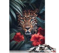 Leopard in Jungle Red Flowers 500 Piece Jigsaw Puzzles for Adults | | Family Fun Jigsaws Puzzles for Adults Gifts Intellectual Games 500pcs (52x38cm)