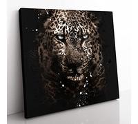 Leopard in the Dark Paint Splash Modern Canvas Wall Art Print Ready to Hang, Framed Picture for Living Room Bedroom Home Office Décor, 35x35 cm (14x14 Inch)