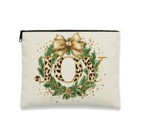 Leopard Joy Makeup Bag, Festive Wreath Cosmetic Travel Pouch for Women, Portable Small Canvas Zipper Organizer, Holiday Skincare Toiletry Bag, Cream, 7x9 Inch, Joy