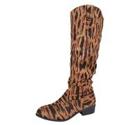 Leopard Knee High Boots, Flat Slouchy Knee High Boots for Women Suede Leopard Print Low Heel Slouch Long Boot Tall Fall Winter Pull on Mid Calf Ladies Fashion Going Out Hiking Footwear UK Orange