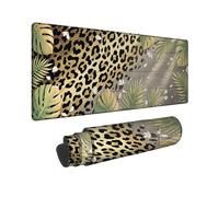 Leopard Large Mouse Pad, Tropical Exotic Palm Leaves Wood Texture Tropical Gold Rubber Non Slip Keyboard and Mousepad Decor for Home Office Work Gaming Desk 16x36 Inch