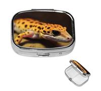 Leopard Little Gecko Pill Box 2 Compartment Round Metal Pill Case for Purse & Pocket, Portable Medicine Organizer Travel Pillbox Daily Pill Container Holder to Hold Vitamins, Fish Oil