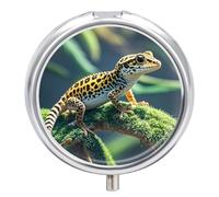 Leopard Little Gecko Pill Box 3 Compartment Small Pill Case for Purse Or Pocket Mini Metal Pillcase Medicine Organizer, Round Daily Medicine Container to Hold Vitamins, Fish Oil