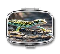 Leopard Little Gecko Pill Case 2 Compartments Travel Pill Organizer for Pocket Small Pill Box Portable Pill Container Metal Medication Holder to Hold Vitamin Fish Oil Supplement