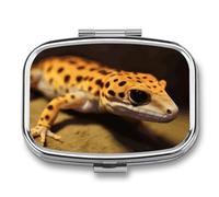 Leopard Little Gecko pilldispenser with Mirror 2 Compartments Waterproof PillCase for Purse Pocket Non-Slip Grip Travel Medicine Organizer Container Box for Vitamin Fish Oil Supplement