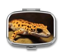 Leopard Little GeckoPill Organizer with Mirror, 2 Compartment Metal Travel Pill Case, Weekly Medicine Container for Daily Meds, Compact & Artistic Design for Purse, Pocket, Or Wallet