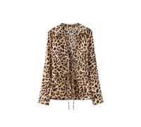 (Leopard, M) Sexy Black Satin Bow Tie Shirts Women Long Sleeve V Neck Slim Blouses Fashion Summer Elegant Silky Tops