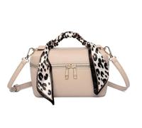 Leopard Metro Faux Leather Makeup/Crossbody Bag - Scarf Handle Detail, Adjustable Strap & Gold Zip - 20 × 12 × 7 cm (Almond)
