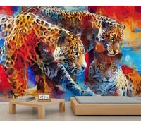 Leopard Mural Colorful Leopard Wall Murals African Wildlife Mural for Bedroom Grassland Animals Wallpaper for Living Room Bedroom Bright Color Wallpaper 200 x 140 cm