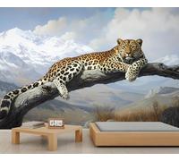 Leopard Mural Snow Mountain Scenery Wallpaper Wild Animals Wall Mural HD Art Decor Photo Living Room Sofa TV Background Personalized Poster (Non-self-Adhesive)