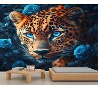 Leopard Mural Wild Leopard Wallpaper Blue Rose Floral Wall Murals Jungle Animal Mural 3D Wildlife Wallpaper for Bedroom Modern Animal Murals Not Peel and Stick 150 x 100 cm