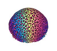 Leopard Neon Rainbow Print Shower Caps for Women, Reusable Double Layers Elastic Band Long Hair Bath Caps for Shower