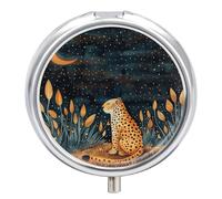 Leopard on The Ground Pill Box - 3 Compartment, Round Metal Pill Case with Mirror, Portable Medicine Holder for Purse/Wallet/Travel