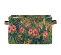 Leopard Palm Flowers Storage Basket Foldable Canvas Fabric Storage Bin Waterproof Closet Organiser Baby Basket Holiday Decorative Box with Handles for Bedroom Nursery Home