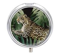 Leopard Palm Leaf Pill Box 3 Compartment Round Small Pill Box for Pocket Purse Metal Travel Pill Case Portable Daily Pill Organizer Cute Compact Medicine Organizer Mini Pill Container