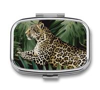 Leopard Palm Leaf Pill Case 2 Compartment Small Pill Box Compact Travel Daily Medicine Organizer Portable Medicine Vitamin Container Fish Oil and Supplement Storage