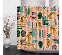 Leopard Palm Leaves Shower Curtain Wildlife Leopard Tiger Topical Green Palm Leaf Plant Summer Safari Panthera Cheetah Big Cat Colorful Blush Animal Fabric Bathroom Sets with Hooks,Pink Yellow Blue