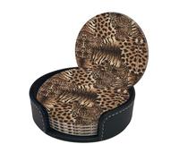 Leopard Pattern Print Chic Round Leather Coasters â€“ Set Of 6 Full-Print Coasters In A Premium Pu Leather Storage Box