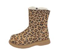 Leopard Pattern Winter Fleece Warm Boots for Kids Toddler Cozy Plush Mid Calf Indoor Outdoor Side Zip Snow Shoes Toddler Snow Boots Size 7 Toddler Girls Brown Boots (Khaki, 1.5 Big Kids)