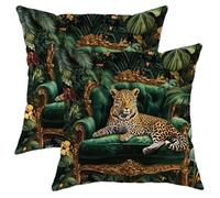 Leopard Pillow Covers Set of 2, Dark Green Jungle Animal Print Throw Pillows, Tropical Decorative Square Cushion Cases for Sofa Home Decor 16x16 Inch