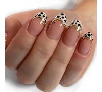 Leopard Press on Nails Almond - Medium Stick on Nails French Tip - 30PCS French Manicure False nails with Glue - 15 Sizes Full Cover Acrylic Fake Nails Elegant for Women Girls DIY nail Art at Home