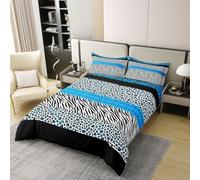 Leopard Print 100% Cotton Duvet Cover Set Super King,Giraffe Zebra Cheetah Skin Stripe Patchwork Bedding Set 3pcs,Blue Black White Quilt Cover,Kids Boys Girls Room Decor,2 Pillowcases,No Comforter