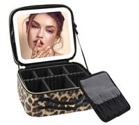 Leopard Print 3-in-1 LED Vanity Makeup Bag with 3 Detachable Mirrors Adjustable Dividers for Travel Desk Dorm for Women(Leopard Print)