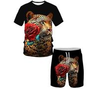 Leopard Print 3D Printed Casual Short Sleeve Crew Neck Suit for Men 2 Piece Shorts Tracksuit (Leopard3,4XL)