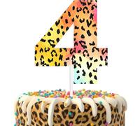 Leopard Print 4th Birthday Cake Topper - Number 4 Cake Decor for 4 Year Old Girls Women, Rainbow Cheetah Theme Party Supplies, Wild One Birthday Decorations (4th)