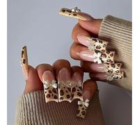 Leopard Print Acrylic Nails with 3D Bows - 24pcs Long Coffin Square False Nails for Women, Reusable Fake French Tips, Elegant Touch for Party Date Night and Special Occasions