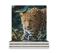 Leopard Print African Jungle Animals Square Ceramic Stone Coaster Absorbent Drink Coaster with Cork Base Heat-Resistant Beverage Cup Mats for Hot Cold Drinks Bar Home Office Table Decor