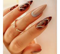 Leopard Print Almond False Nails, Silver Glitter Stripes, Nude And Brown | Pointed Press-On Tips, Coordinating Animal Patterns, Easy Application, For Everyday Manicures, Parties And Social Occasions