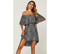 Leopard Print Bardot Frill Off Shoulder Mini Dress In Black FS Collection Black XS