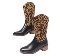 Leopard Print Boots For Women: Round Toe Block Heeled Knee High Boots Leopard Patterned Waterproof Flat Shoes Antislip Wellington Ankle Boots Comfortable Wellies Boots For Dating Size