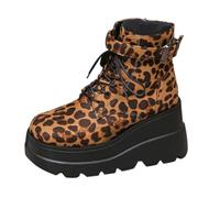 Leopard Print Boots For Women - Womens Lace Up Boots Platform Chunky Heels Combat Boots With Ankle Strap Zipper Motorcycle Shoes Large Size Round Toe Ankle Boots Ladies Combat Biker Ankle Bootis