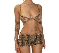 Leopard Print Cami Shorts Set for Women Y2k 2pcs Summer Outfit Bra Top+Ruffle Bloomer Shorts Beachwear Bikini Swimsuit Cover Ups (Leopard, L)