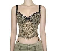 Leopard Print Camis Vintage 2000s Bow Sleeveless Lace Strap Crop Top Women Summer See Through Mesh Tee Y2k,Brown,M