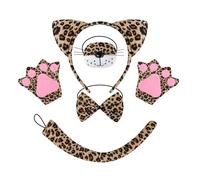 Leopard Print Cat Costume Set with Ears Headband, Nose, Bowtie, Tail and Gloves, Animal Print Party Accessories, Dress Up Costume Brown