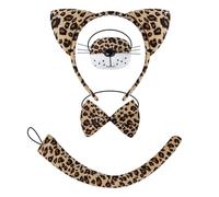 Leopard Print Cat Costume Set with Leopard Ears Headband, Bow Tie, Tail, Animal Character Design, Dress Up Accessory